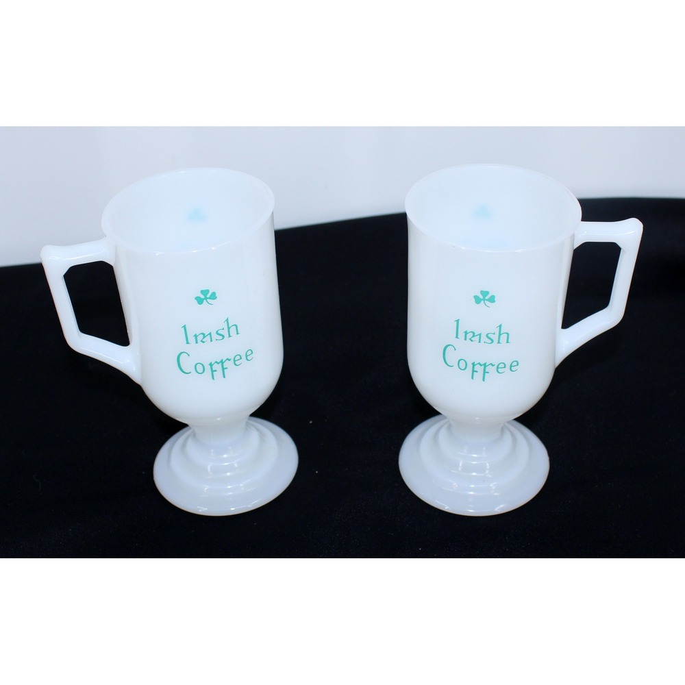 Set of 2 Vintage Irish Coffee Milk Glass Footed Mugs Shamrock Design